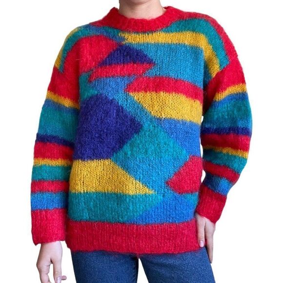 Vintage Womens Hand Knit Rainbow Mohair Fluffy Geometric Sweater Sz L - Picture 1 of 10